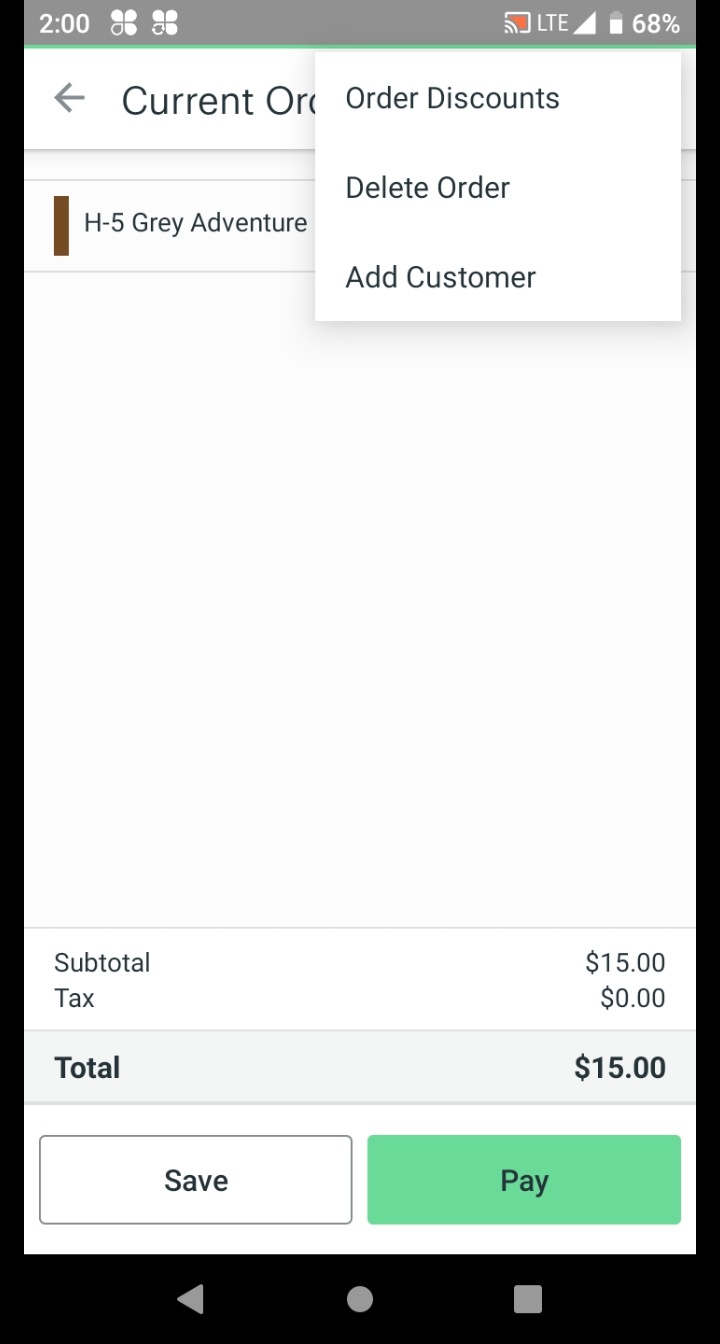 Current Order screen three-dot menu open showing Order Discounts option.
